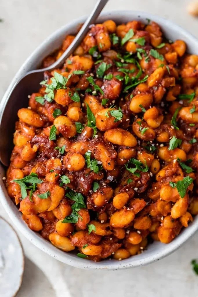 A bowl of delicious easy baked beans, garnished and ready to serve.
