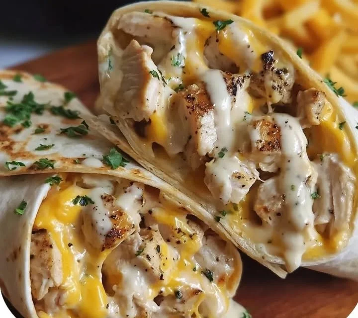 Delicious cheesy garlic chicken wraps ready to serve.