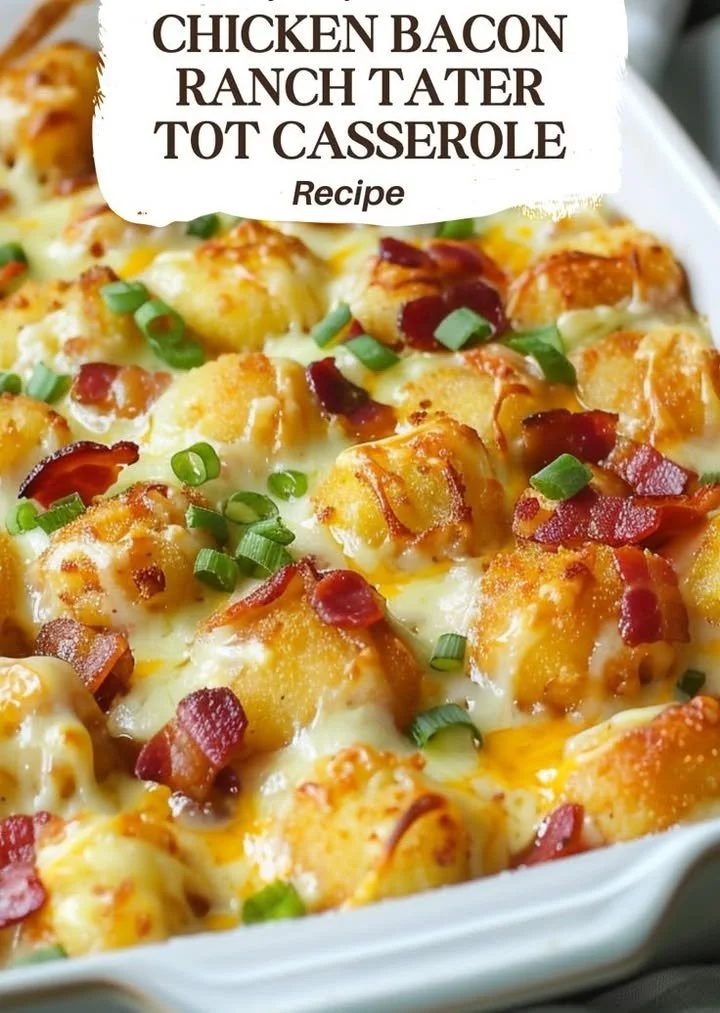 Delicious chicken bacon ranch casserole with tater tots baked to perfection