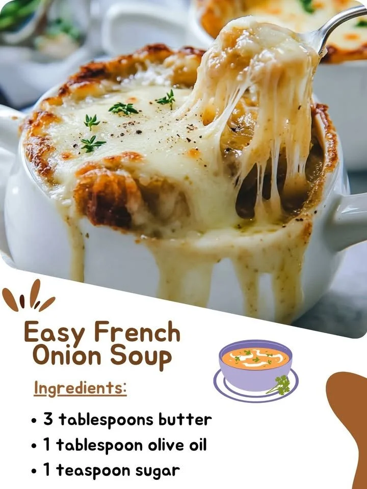 Bowl of delicious Easy French Onion Soup with melted cheese on top