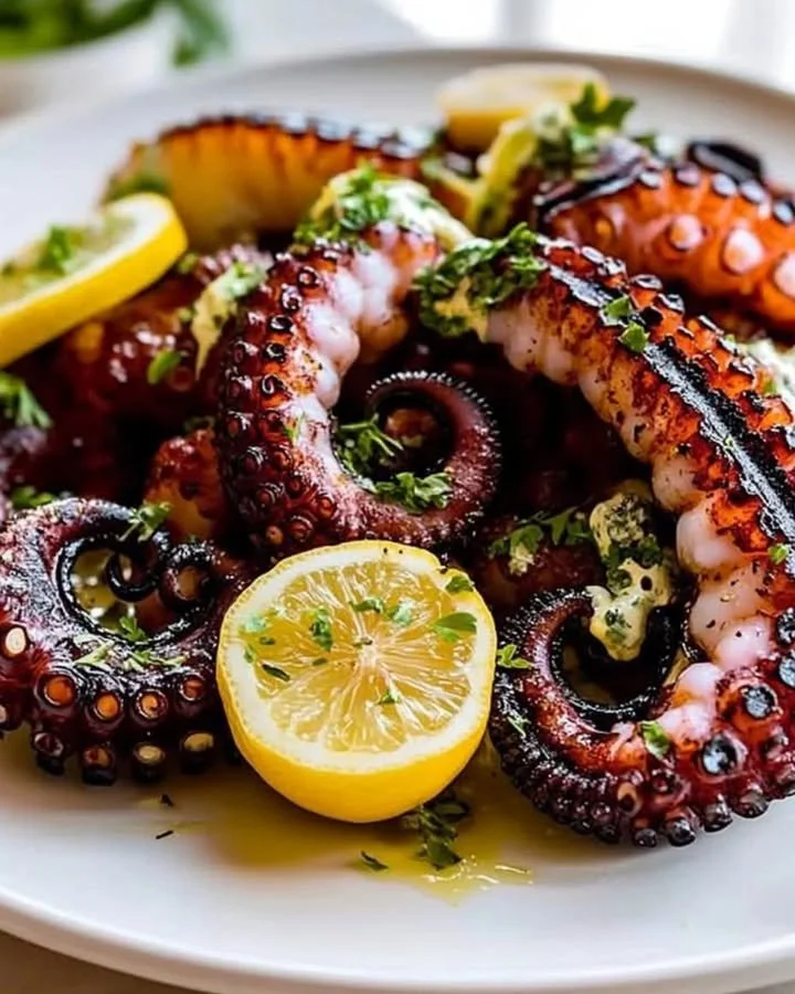 Delicious grilled octopus served with lemon and herbs in Greek style