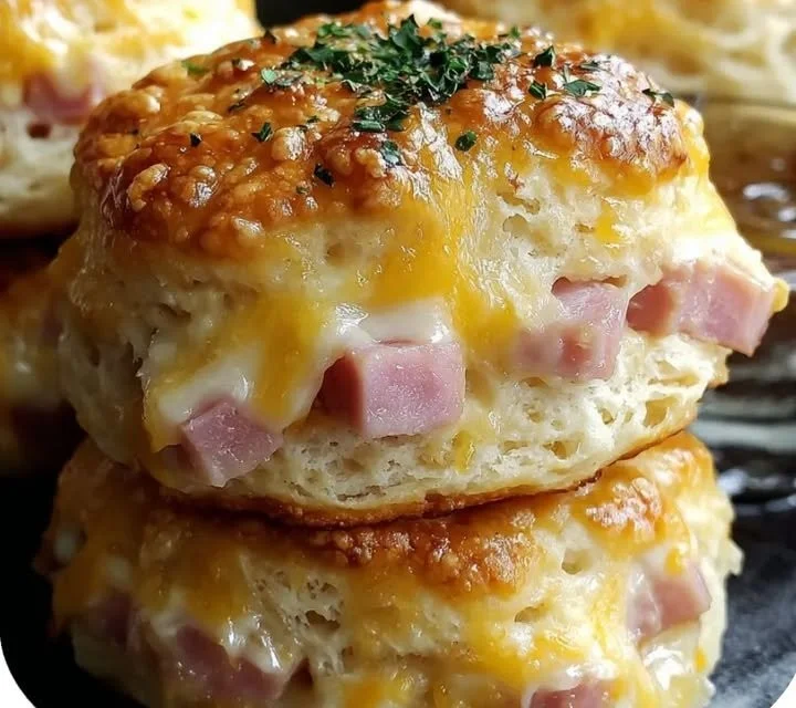Flaky ham cheese biscuits served on a plate with butter drizzle