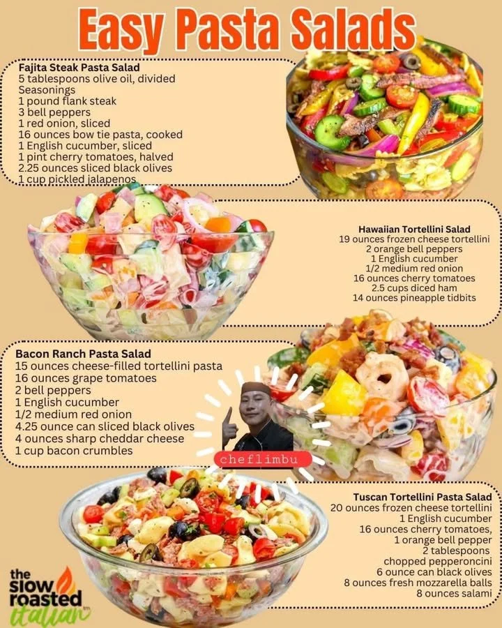 Colorful and easy pasta salads served in a bowl with fresh vegetables.