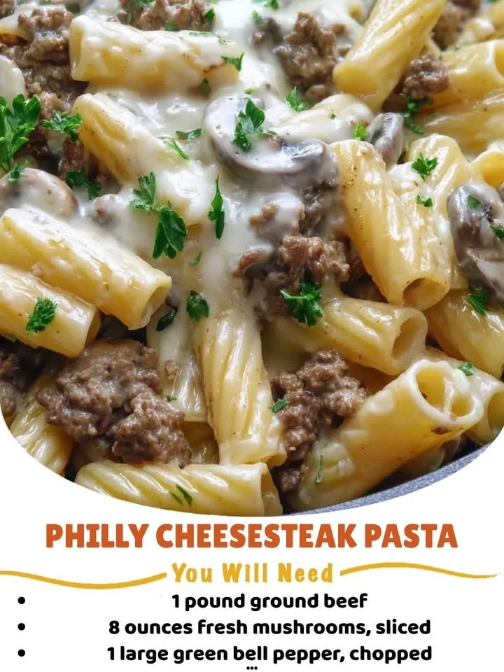 Delicious bowl of easy Philly Cheesesteak Pasta with peppers and cheese
