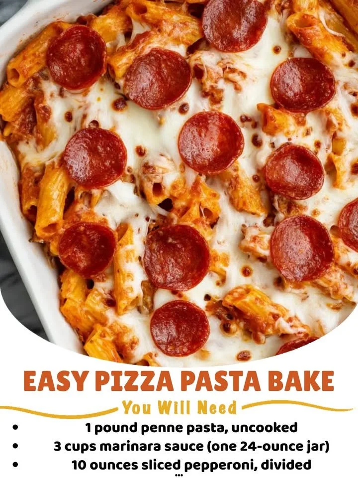 Easy Pizza Pasta Bake dish with melted cheese and toppings.
