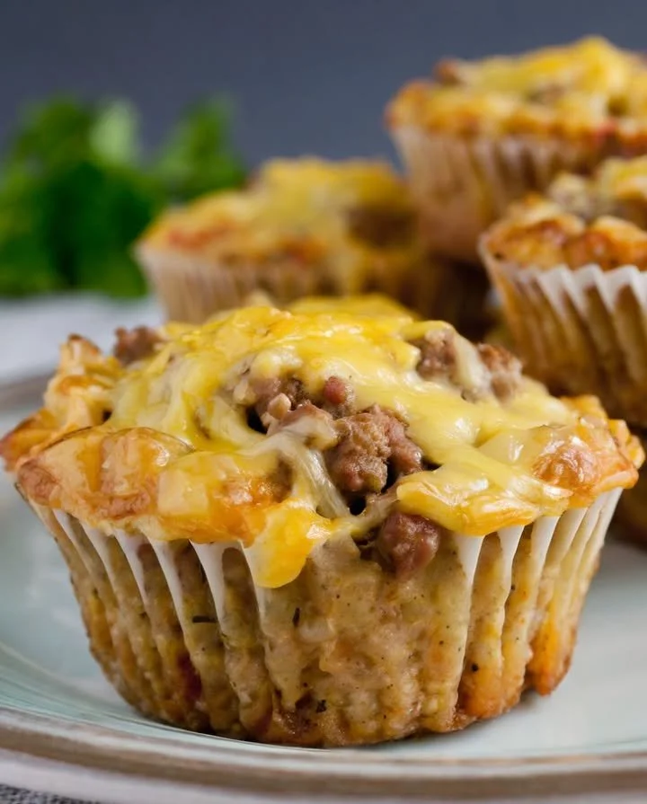 Delicious easy sausage breakfast muffins on a rustic wooden table.