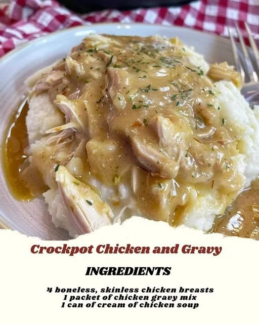 Easy slow cooker chicken and gravy served with mashed potatoes