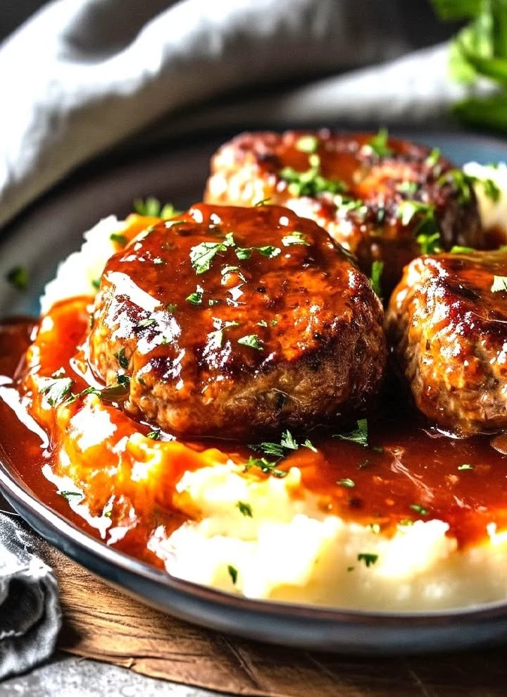 Delicious slow cooker Salisbury steak dish with gravy and mushrooms