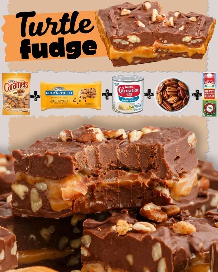 Homemade easy turtle fudge with chocolate, caramel, and nuts.