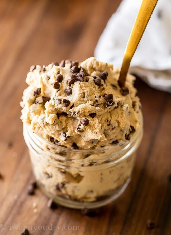 Delicious homemade edible cookie dough in a bowl with chocolate chips
