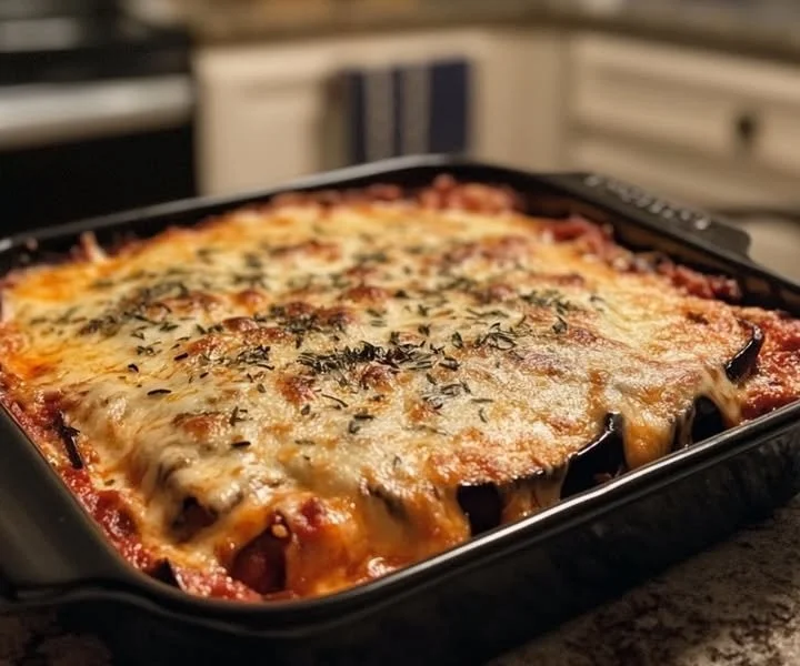 Delicious Eggplant Parmesan with melted cheese and tomato sauce in a baking dish.