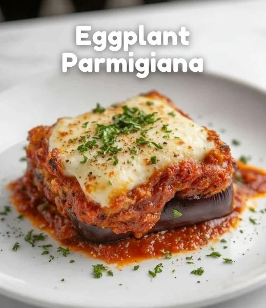 Delicious Eggplant Parmigiana with layers of cheese and marinara sauce.