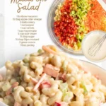 Bowl of elbow macaroni pasta salad with vegetables and dressing