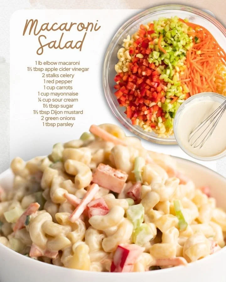 Bowl of elbow macaroni pasta salad with vegetables and dressing