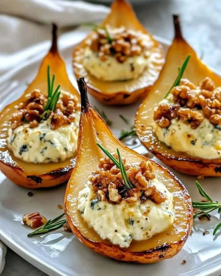 Elegant blue cheese stuffed pears on a serving platter