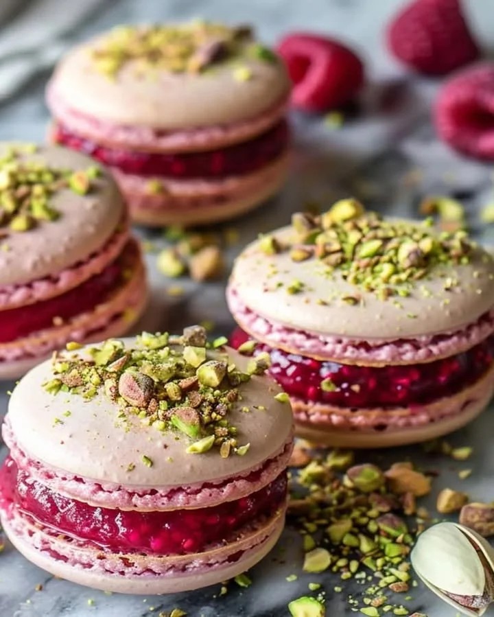 Exquisite raspberry pistachio macarons on a decorative platter