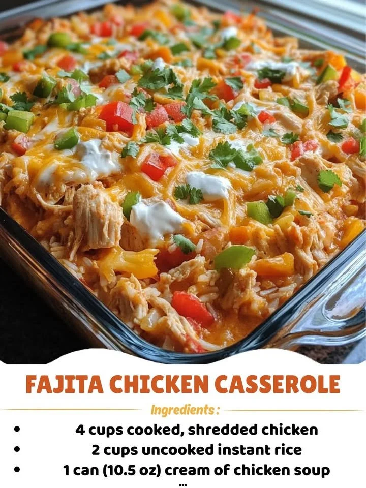 Delicious Fajita Chicken Casserole topped with colorful peppers and cheese.