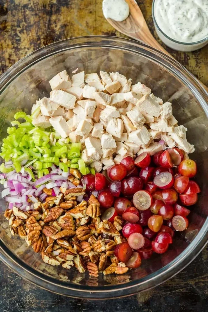 Elegant presentation of fancy chicken salad with fresh ingredients