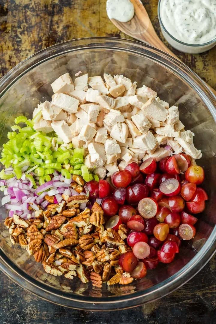 Elegant presentation of fancy chicken salad with fresh ingredients