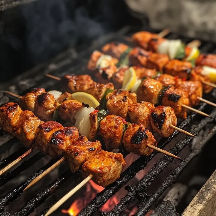 Delicious fiery Chicken Tikka skewers grilled to perfection