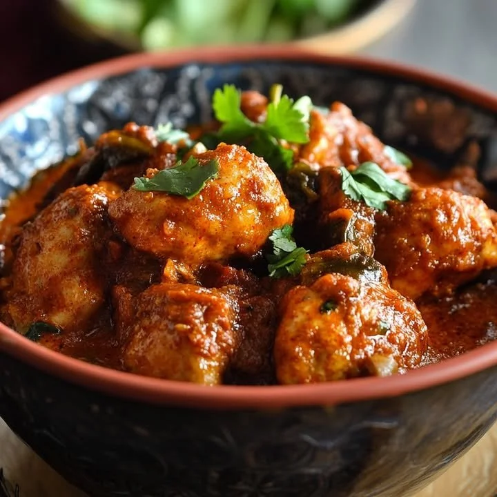 Fiery Chicken Vindaloo served with rice and garnished with cilantro.