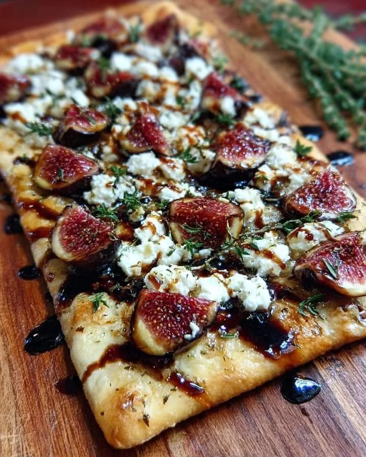 Delicious Fig & Goat Cheese Flatbread topped with thyme and honey balsamic glaze.