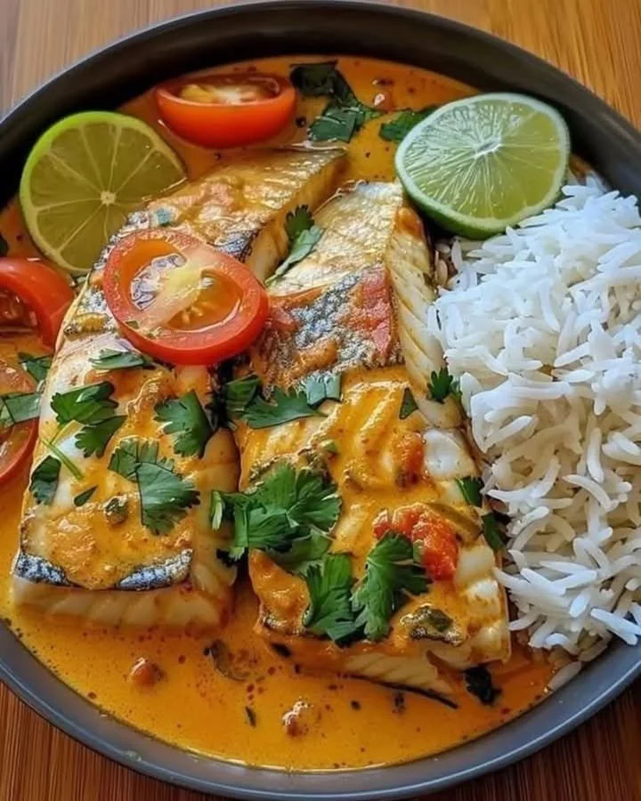 Delicious fish curry with coconut milk served in a bowl