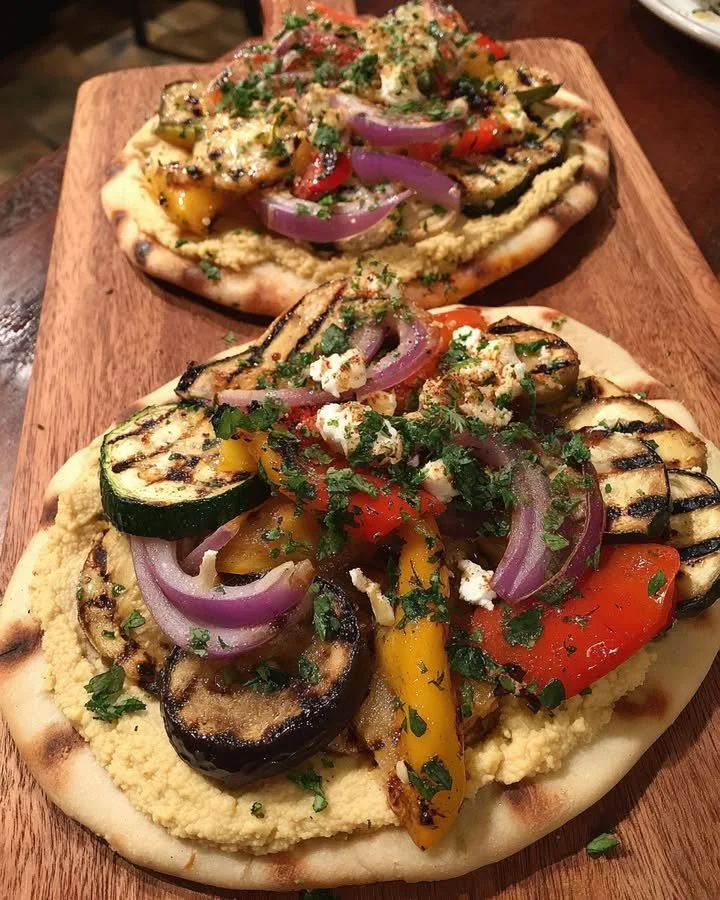 Plate of flatbread with hummus, grilled veggies, and fresh herbs for a healthy meal.