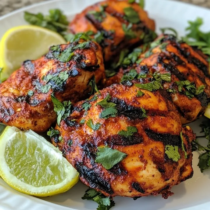 Delicious char-grilled tandoori chicken served with vibrant sides.