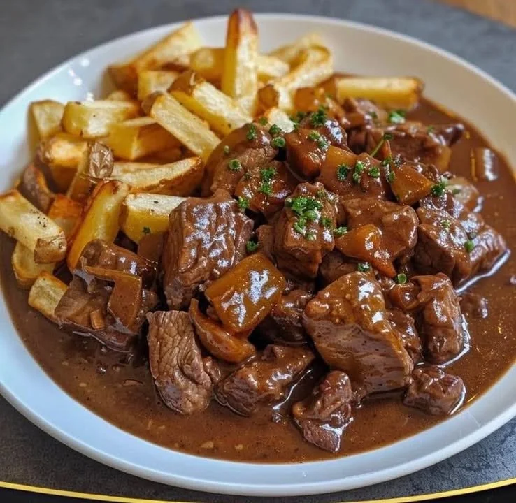 Delicious Flemish Beef Stew with Fries, a traditional Carbonade Flamande meal.