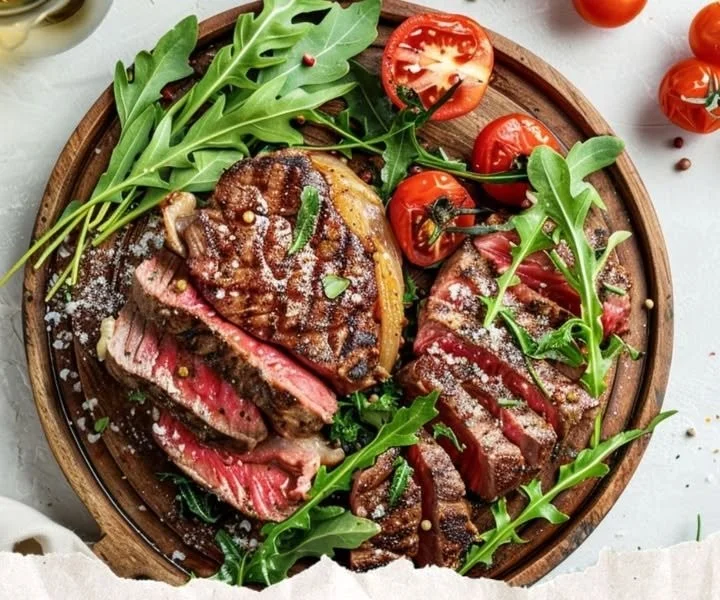 A perfectly grilled Florentine Steak served with herbs and vegetables
