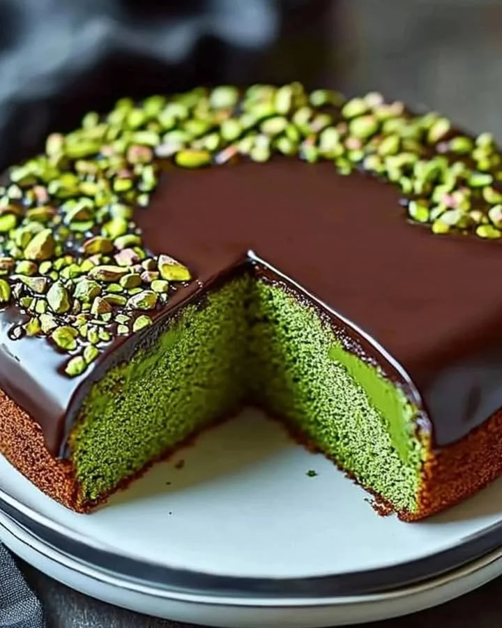 Flourless Pistachio Bliss Cake with rich chocolate ganache topping