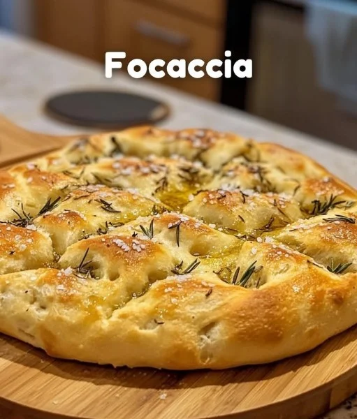 Homemade focaccia bread topped with herbs and olive oil.
