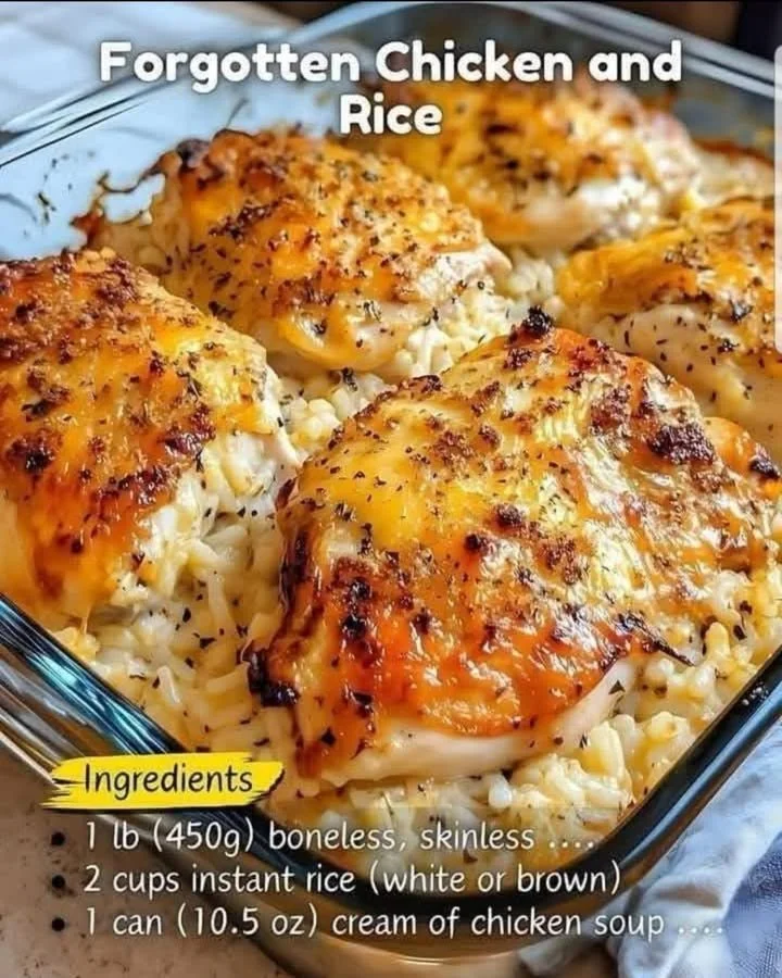 Delicious plate of Forgotten Chicken and Rice garnished with fresh herbs