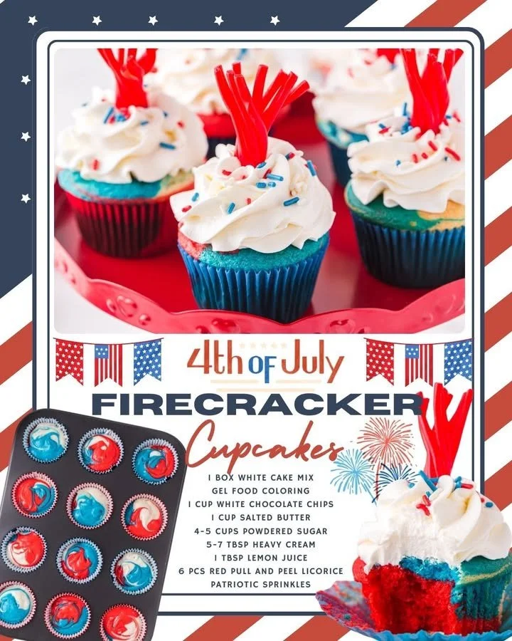 Delicious Fourth of July cupcakes decorated with red, white, and blue frosting