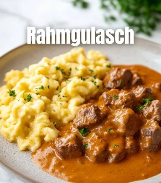 A delicious bowl of goulash served with fresh herbs and bread, showcasing rich flavors.