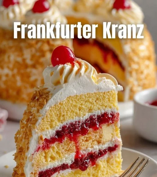 Sliced Frankfurt Crown Cake topped with cream and cherries on a white plate.