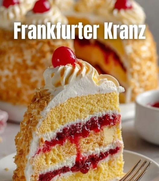 Delicious slice of Frankfurt Crown Cake adorned with cream and cherries