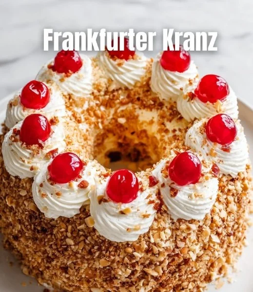 Whole Frankfurt Crown Cake with layers of cream and fruit toppings