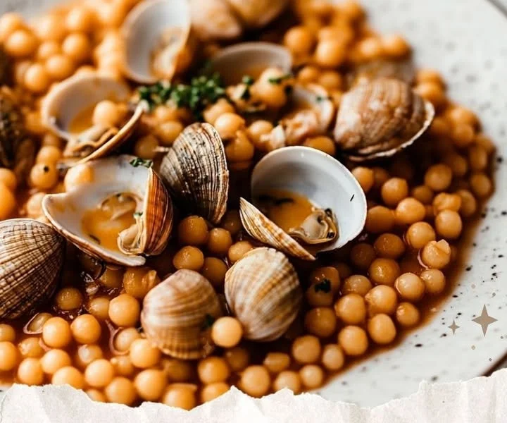 A plate of delicious fregola with clams garnished with herbs