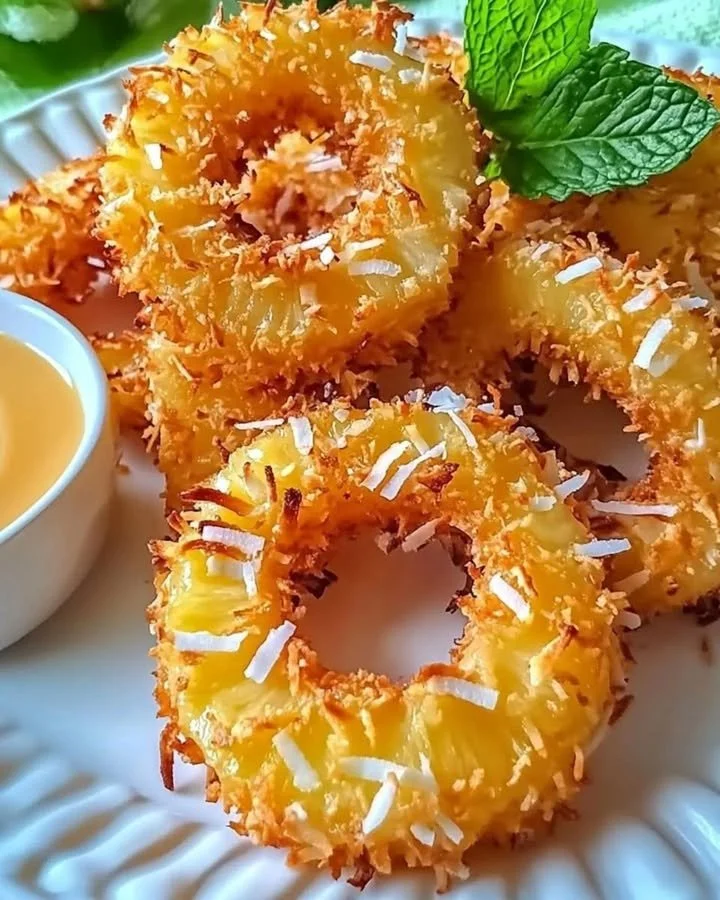 Fried pineapple rings served with creamy coconut dipping sauce on a plate.