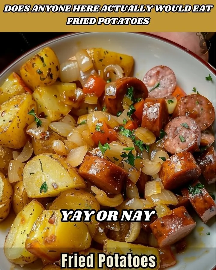Fried potatoes with onions and smoked sausage on a plate garnished with herbs