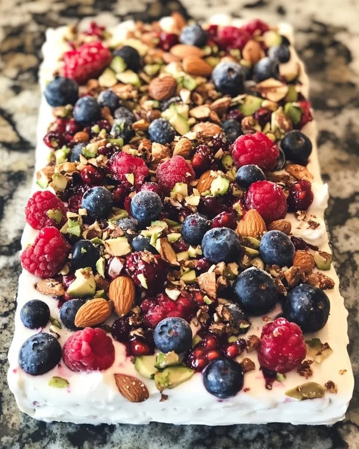 Frozen Greek yogurt bark topped with fresh berries and nuts