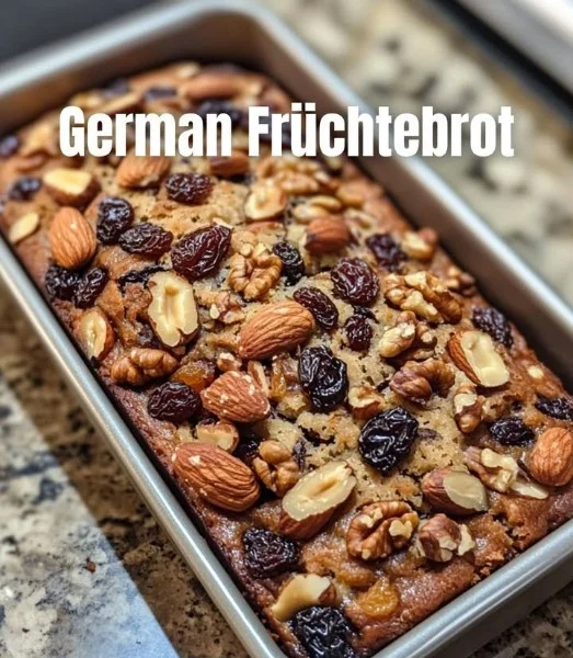 Homemade fruit bread with colorful fruits and nuts on a rustic table