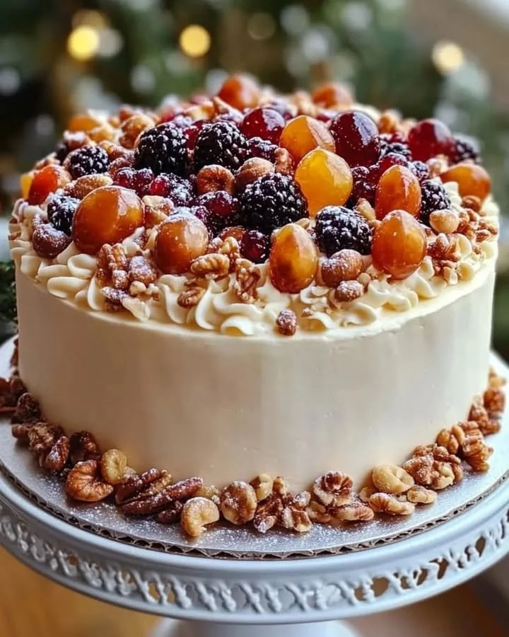 Fruit & Nut Celebration Cake topped with fresh fruits and nuts
