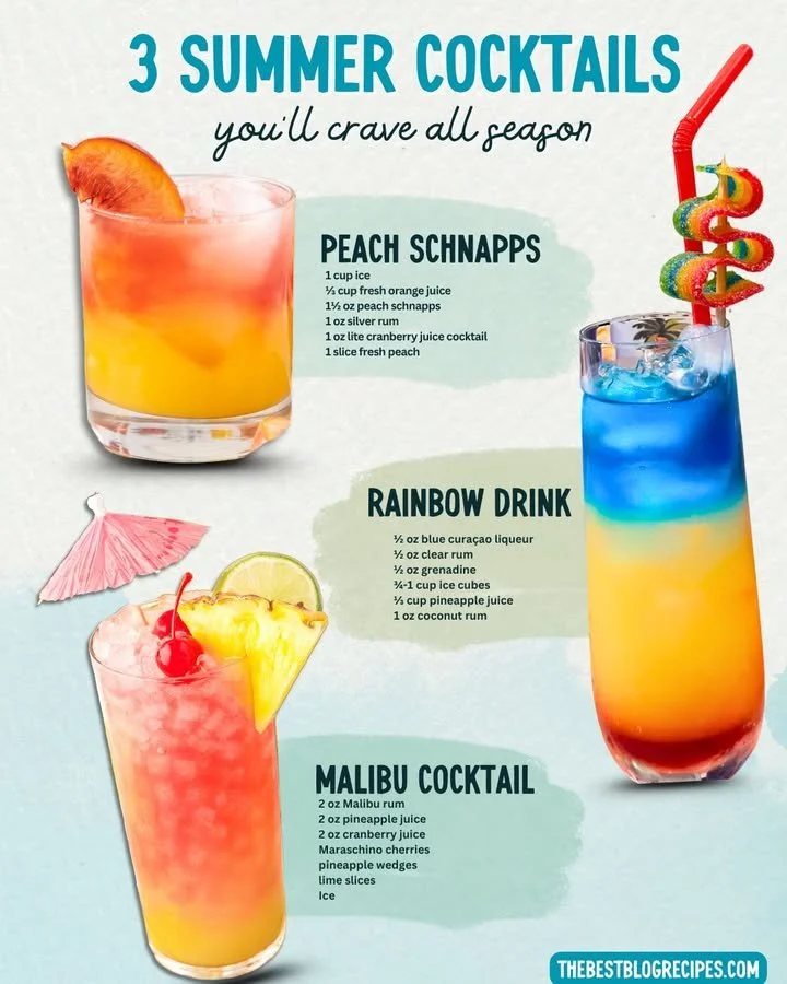 Colorful fruity summer cocktails garnished with fresh fruit in a sunny setting.