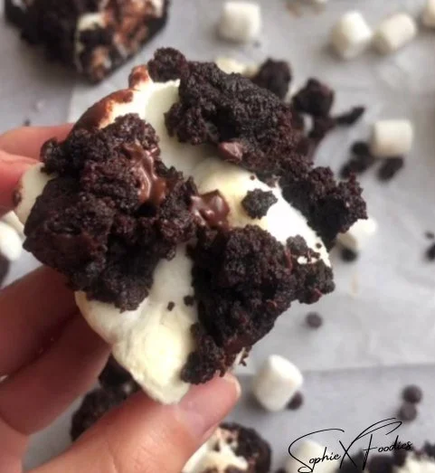 Delicious fudgy gooey marshmallow brownies topped with melted marshmallows.