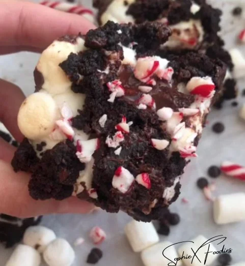 Fudgy marshmallow peppermint brownies topped with chocolate and mint
