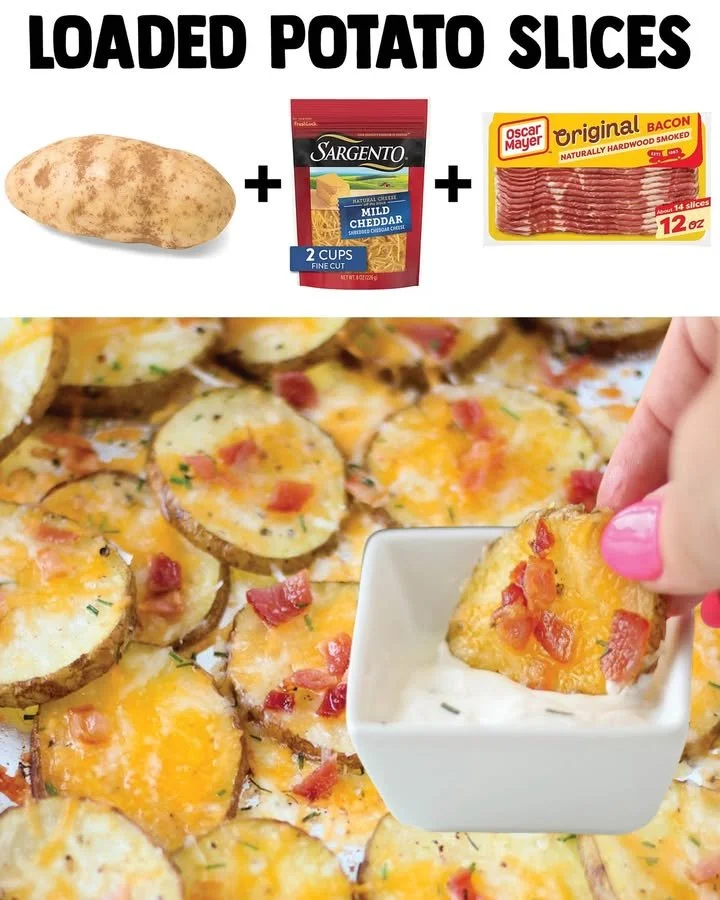 Delicious loaded potato slices topped with cheese, bacon, and sour cream.