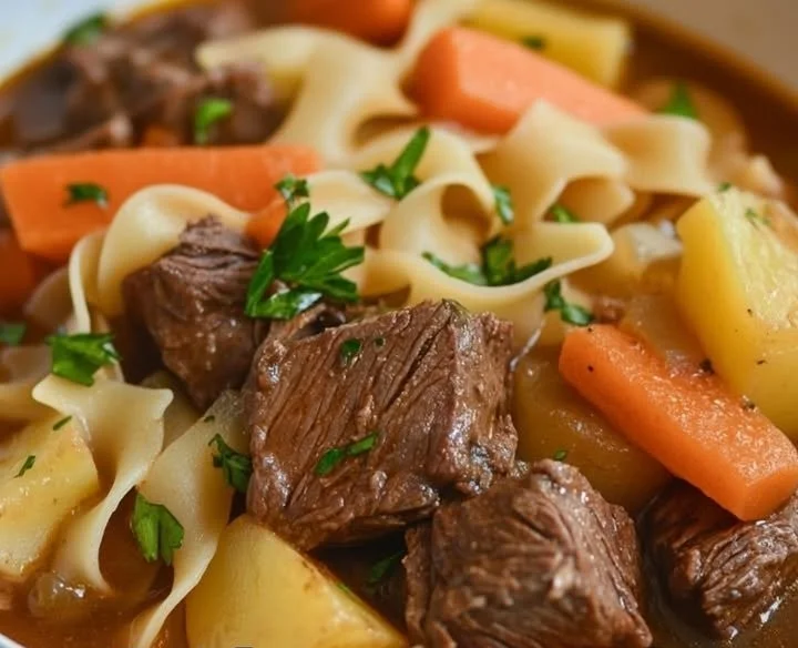 A delicious bowl of Gaisburger March, a traditional German meat and dumpling stew.